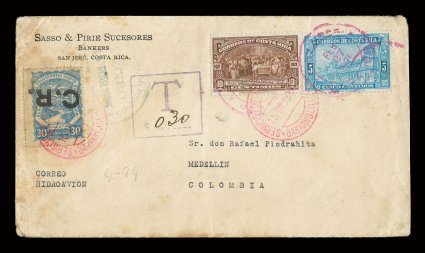 CLCR5 var., 1923 30c Blue with C.R. handstamp, overprint inverted, tied by red Barranquilla pmk. on cover to Medellin, 5c and 10c Regular issue also by similar cancel as well
as red San Jose c.d.s., boxed T and ms. 0.30, cover with some li