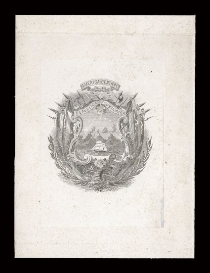 Costa Rican Coat of Arms large die proof on India mounted on 75x102mm card, used by the American Bank Note Company as the model for the central vignette featured on the 1863
First Issues, just the faintest trace of pinpoint toning specks, very fi
