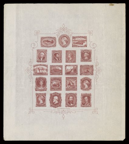 1868 American Bank Note Company trade sample sheet, lithographed in brownish lilac on bond paper, the sheet possessing extra-wide margins, much larger than any other example of
this rare trade sample sheet we have seen, some edge faults (includin