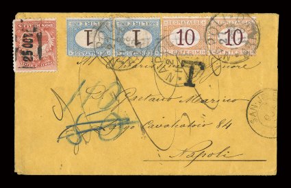 2, 1863 2r Scarlet, fine centering, affixed slightly over edge of impressive postage due cover to Naples, Italy, boxed 25 Oct (82) handstamp cancels stamp, portion of matching
double circle San-Jose25 Oct 82Costa Rica postmark (SJ-Pmk9) at