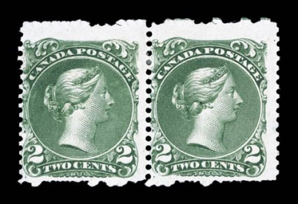 Unitrade 24iii, 1868 2c Green, soft white (blotting) paper, mint horizontal pair, rich bright color, o.g., lightly hinged, fine even a mint single of this stamp is rare, but
multiples are almost never encountered, with this pair likely being on