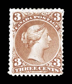25a, 1868 3c Red on watermarked paper, an incredibly rare mint example, showing a clear large part of BOT watermark at top, well centered for this, strong color and
impression, nearly full original gum that is slightly disturbed from a hinge r