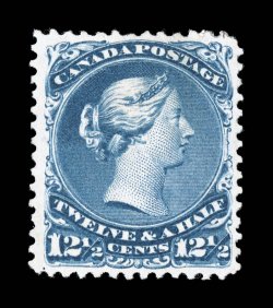28, 1868 12 12c Blue, uncharacteristically well centered and margined, rich luxuriant color and a crisp detailed impression on bright white paper, large part o.g., very fine
(Unitrade C$2,800.00).