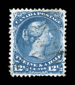 28a, 1868 12 12c Blue, watermarked paper, used, with two clear lines of a watermark, deep rich color and a highly detailed impression, uncommonly well centered, lightly
cancelled, very fine (Unitrade C$500.00).