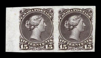 29d, 1868 15c Brown purple, imperforate, impressive left sheet-margin horizontal pair, other margins also quite large, deep color and a razor-sharp impression, full o.g.,
lightly hinged, extremely fine a very scarce imperforate, particularly so