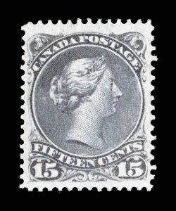Unitrade 29ii, 1868 15c Gray violet, pawnbroker variety, a magnificent mint example of this very scarce and highly collectable variety found only on position 10, showing a
distinctive series of three dots to the right of the bottom right 15
