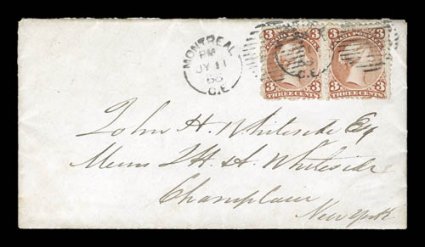 33, 1868 3c Bright red on laid paper, horizontal pair tied by Montreal Jy 11 68 c.d.s. and grids on cover to Champlain, N.Y., with original letter enclosed, stamps are bright
and fresh, fine even a used single of this stamp is scarce, but to