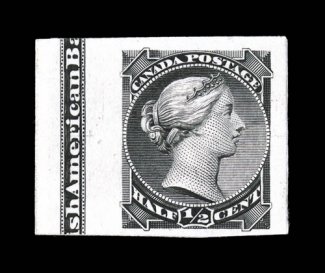 34P, 1882 12c Black, plate proof on India, left partial imprint sheet-margin single, on original card backing, well clear to large margins all around, very
fine.
