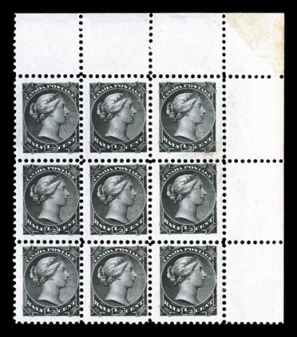 Unitrade 34vii, 1882 12c Black, major re-entry, the variety being the top right stamp (position 10 on the sheet) in a corner margin block of nine, the re-entry stamp is
particularly well centered within huge margins, strong color, o.g., all but