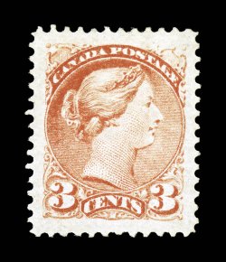 37, 1873 3c Orange red, eye-catching jumbo mint single, perfectly centered within huge margins, distinctive orange red color, o.g., h.r., extremely fine and quite striking
ex-Dr. Tang (Unitrade C$200.00).
