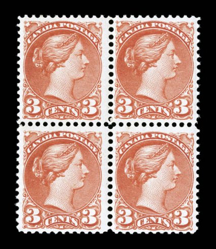 37, 1873 3c Orange red, brilliant mint block of four, gorgeous radiant color and a strong impression, pristine o.g., never hinged, fine-very fine (Unitrade
C$1,560.00+).
