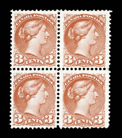 37c, 1872 3c Dull red, fresh mint block of four, especially bright color, nicely centered and margined, o.g., bottom left stamp never hinged, very fine (Unitrade
C$1,200.00+).