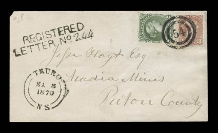 37d, 1870 3c Copper red, perforated 12 12, tied along with 2c Green Large Queen (24) by 54 two-ring cancel with matching Truro, N.S.Ma 81870 pmk. on registered cover to Acadia
Mines, Nova Scotia, 3c stamp is exceptionally well centered a