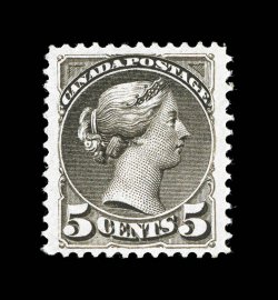 38, 1876 5c Slate green, well centered within very wide margins, sumptuously rich color, o.g., faintly hinged, very fine (Unitrade C$1,200.00).
