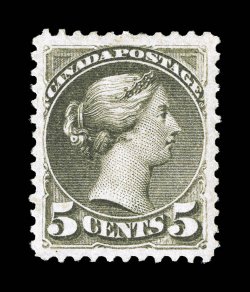 38a, 1876 5c Slate green, perforated 11 12x12, an uncommonly choice mint example of this scarce stamp, incredibly well centered within four extra-large margins, deep luxuriant
color and impression, o.g., extremely fine an especially elusive st