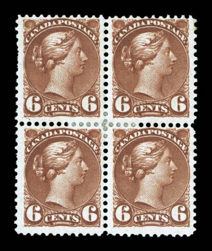 39, 1872 6c Yellow brown, scarce mint block of four, deep rich color, full o.g., small central h.r., fine (Unitrade C$1,200.00+).