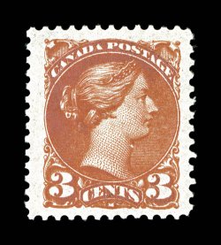 41, 1888 3c Bright vermilion, gorgeous color that is remarkably deep and vibrant, exceedingly well centered within huge margins, o.g., never hinged, extremely fine 1997 CPES
certificate (Unitrade C$225.00).