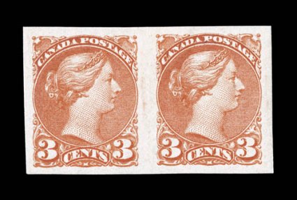 41b, 1891 3c Rose vermilion, imperforate, horizontal pair, large even margins all around, attractive color, o.g., lightly hinged, choice very fine (Unitrade
C$600.00).