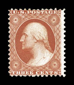 41, 3c Scarlet reprint, without gum as issued, especially deep and luxuriant color, fully intact perforations, couple of trivial thin spots, very fine appearance for this
reprint rarity only 479 issued.