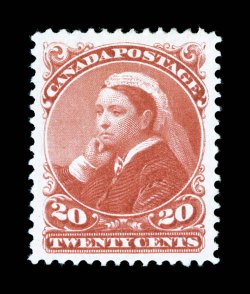 46, 1893 20c Vermilion, a highly select mint single, exceedingly well centered within lavishly large margins, radiant rich color and a vivid impression on brilliantly white
paper, o.g., minor h.r., extremely fine (Unitrade C$600.00).