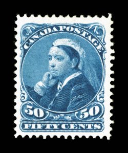 47, 1893 50c Deep blue, an eye-catching mint single, possessing stunningly rich color and a deeply incised impression on pristine white paper, well centered within large
margins, o.g., tiny h.r., very fine and choice (Unitrade C$600.00).