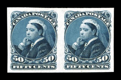 47a, 1893 50c Deep blue, imperforate, horizontal pair, deep prooflike color and impression, large margins all around, o.g., relatively lightly hinged, very fine an impressive
example of this scarce imperforate pair (Unitrade C$1,800.00).