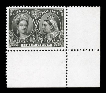 50, 1897 12c Jubilee, a striking bottom right corner sheet-margin single that is exceptionally well centered within lavishly large margins, deep color and impression on fresh
paper, o.g., n.h., extremely fine and handsome 2004 Greene Foundatio
