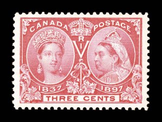 53, 1897 3c Jubilee, extraordinarily well centered within lavishly large margins, lovely fresh color, o.g., never hinged, extremely fine and quite select ex-Dr. Tang (Unitrade
C$75.00).