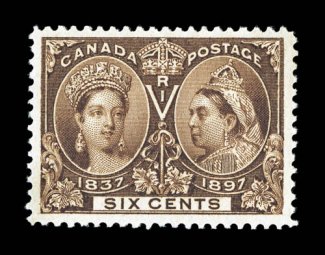 55, 1897 6c Jubilee, excellent centering within uncharacteristically large margins for this value, deep luxuriant color and a sharp impression, o.g., barest trace of a hinged
mark, extremely fine (Unitrade C$300.00).