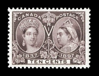 57, 1897 10c Jubilee, gem mint example boasting lavishly large margins and being extraordinarily well centered within them, rich luxuriant color and a sharp impression on
bright paper, o.g., n.h., extremely fine an especially select stamp 2006