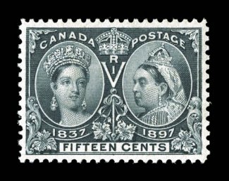 58, 1897 15c Jubilee, brilliantly fresh, luxuriously rich color, attractively centered, o.g., n.h., very fine 2006 Richard Gratton certificate (Unitrade
C$1,200.00).