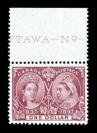 61, 1897 $1.00 Jubilee, a magnificent top sheet-margin partial imprint mint single, possessing numerous desirable qualities that rarely converge on a single stamp, including
being marvelously well centered amid exceptionally large margins, plus