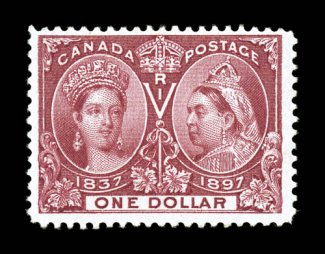 61, 1897 $1.00 Jubilee, a wonderfully fresh mint example, featuring deep rich color and a well incised impression, attractively centered, full clean o.g., n.h., very fine
never hinged copies of any of the dollar value Jubilees are terribly diff