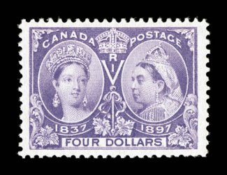 64, 1897 $4.00 Jubilee, extraordinarily well centered within especially wide margins, strong rich color, o.g., a couple small thin spots, extremely fine appearance clear 1995
CPES certificate (Unitrade C$2,000.00).