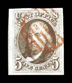 1, 5c Brown, used, four large to extra-large margins, rich Brown color, red grid cancel, tiny thin spot, extremely fine appearance 2003 PF certificate.