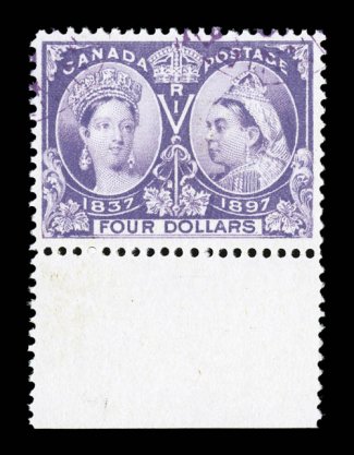 64, 1897 $4.00 Jubilee, a most eye-appealing and choice used example, being a bottom sheet-margin single, with deep luxuriant color and a crisp impression on particularly
fresh paper, well centered, very light and unobtrusive magenta cancels, ve