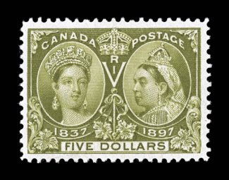 65, 1897 $5.00 Jubilee, marvelously well centered within large margins, sumptuously rich color and impression, full clean o.g., small minor h.r., a very fine and choice mint
example of this popular high value (Unitrade C$2,000.00).