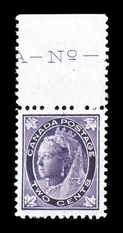 68, 1897 2c Purple Maple Leaf, an exceedingly select quality top sheet-margin mint single with portion of the imprint at top, possessing mathematically precise centering amid
immense margins, fabulously fresh as well, with strikingly deep and