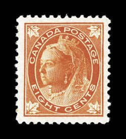 72, 1897 8c Orange Maple Leaf, exceptionally well centered within extravagantly large margins, bright fresh color, unblemished o.g., n.h., extremely fine an especially
large-margined gem 2004 Greene Foundation certificate (Unitrade C$1,050.0