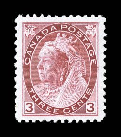 78, 1898 3c Carmine Numeral, pristine mint single, possessing outstanding centering within remarkably large margins, rich carmine color and unusually fresh, o.g., n.h.,
extremely fine and exceedingly choice ex-Dr. Tang (Unitrade C$300.00)