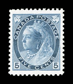 79, 1899 5c Blue on bluish Numeral, gem mint single that is beautifully centered within large margins, rich bright color and a crisp impression, unblemished o.g., n.h.,
extremely fine (Unitrade C$900.00).