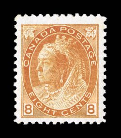 82, 1898 8c Orange Numeral, well centered amid extraordinarily large margins, exceptionally fresh with rich radiant color, o.g., n.h., extremely fine and choice (Unitrade
C$1,350.00).
