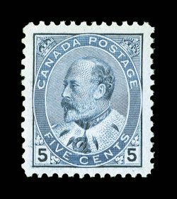 91, 1903 5c Blue on bluish KEVII, premium quality mint single, flawlessly centered within lavishly large and perfectly balanced margins, exceedingly fresh and crisp, o.g.,
n.h., extremely fine an especially scarce and desirable stamp in this ch