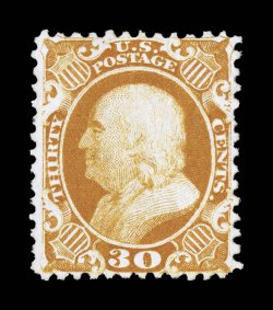 46, 30c Yellow orange reprint, without gum as issued, an extraordinarily well centered example of this rare and challenging reprint, with comparatively large and well balanced
margins, exceedingly fresh, with deep vibrant color on bright paper,