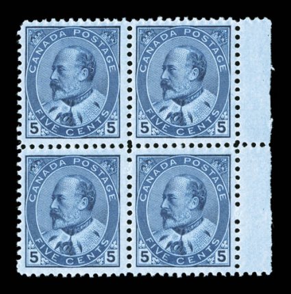 91, 1903 5c Blue on bluish KEVII, fresh right sheet-margin block of four, deep color, well centered, o.g., n.h., very fine (Unitrade C$4,200.00).