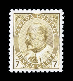92, 1903 7c Olive bister KEVII, uncharacteristically well centered within lavishly large margins, fresh color, o.g., n.h., extremely fine 2003 Greene Foundation certificate
(Unitrade C$1,200.00).