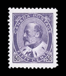 95, 1908 50c Purple KEVII, extraordinarily well centered within huge margins all around, brilliantly rich color and a highly detailed impression, on clean white paper, o.g.,
extremely fine an especially large-margined example of this high value