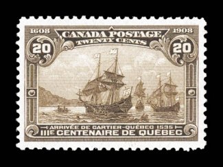 96-103, 1908 12c-20c Quebec Tercentenary cplt., a highly select set, with each stamp being exceedingly well centered and margined, bright colors throughout, o.g., n.h.,
extremely fine (Unitrade C$4,575.00).