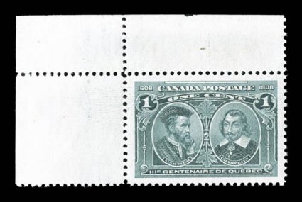 Unitrade 97i, 1908 1c Green, hairlines in margins, stunning top left corner margin single, clearly showing the hairlines at top, perfectly centered within remarkably large
margins all around, attractive color, o.g., n.h., extremely fine gem (Uni