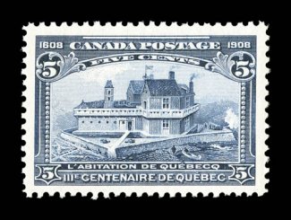 99, 1908 5c Quebec Tercentenary, intensely rich color and a razor-sharp impression on brilliantly white paper, exceedingly well centered with large margins, o.g., n.h.,
extremely fine and handsome ex-Dr. Tang (Unitrade C$375.00).